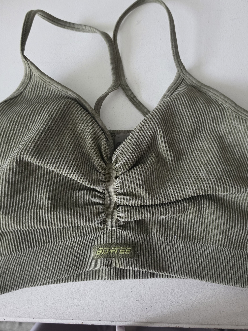 Ribbed Olive Green Sports Bralette with Front Ruched Detail